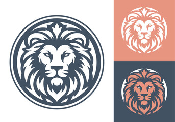 Lion head logo template design line art vector illustration isolated on white and dark backgrounds. Lion face with mane hair brand identity logotype design. - obrazy, fototapety, plakaty