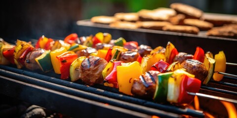 A backyard barbecue with grilled skewers of marinated chicken, colorful bell peppers, and juicy pineapple chunks - Smoky and flavorful - Sunset lighting for a summery, outdoor feel -  - obrazy, fototapety, plakaty