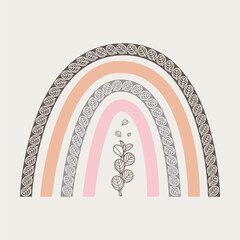 Boho Scandinavian rainbow with leaves in pastel colors, vector illustration.
