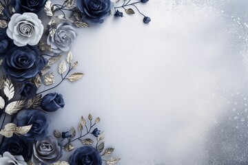 Navy Roses Flower Border Over a Silver Background With Copy Space. Copy space.