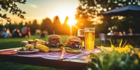 A backyard barbecue with sizzling burgers, grilled corn on the cob, and a variety of condiments - Casual and flavorful - Sunset lighting for a summery BBQ vibe - Candid shot,  - obrazy, fototapety, plakaty