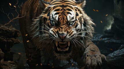 A shot of a tiger in the jungle, massive claws and paws, waterfall background - obrazy, fototapety, plakaty