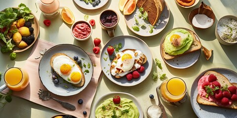 A brunch spread with avocado toast, poached eggs, and a fruit smoothie - Healthy and wholesome - Soft morning light for a fresh and inviting atmosphere - Overhead shot,
