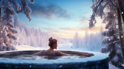 Young woman in hot tub in bathtub jacuzzi outdoors at winter day, enjoying snowy winter forest landscape at spa resort.  - obrazy, fototapety, plakaty