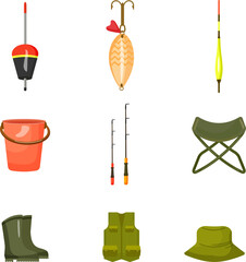 Fisherman clothes icons set cartoon vector. Ice lake river. Vest active jacket