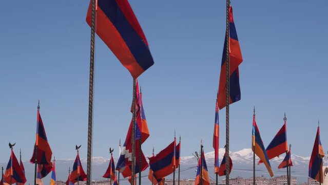 Armenian flag military cementary. Nagorno-karabakh conflict, Azerbaijan war. Artsakh symbol on Erablur memorial graveyard, patriotism in Yerevan. Dead soldiers graves. Hayastan armed forces. Aragats