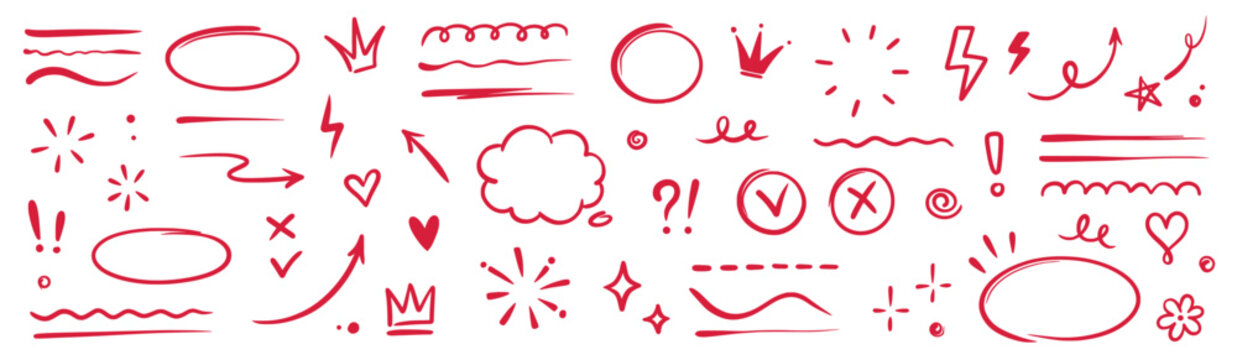 Hand drawn red highlight, text underline, emphasis mark, line shape set. Hand drawn scribble arrow, love heart, speech bubble, crown element. Marker, pen brush stroke. Vector illustration