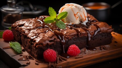Rich chocolate brownie adorned with a scoop of velvety ice cream, drizzled with luscious chocolate, crowned with plump raspberries, and garnished with fresh mint leaves. Irresistible indulgence - obrazy, fototapety, plakaty
