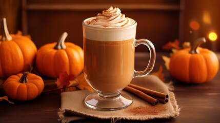 Cozy Autumn: High Glass of Pumpkin Spice Latte with Cream on Rustic Wooden Table, Cinnamon Sticks, and Pumpkins. Inviting and Warm Scene for Chilly Fall Mornings or Evenings
