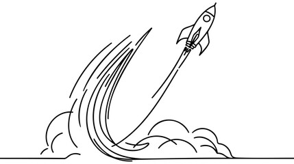 One continuous line drawing of simple retro spacecraft flying up to the outer space nebula. © artisttop