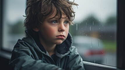A sad little boy looking out the window on a rainy day - obrazy, fototapety, plakaty