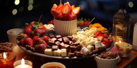 Obraz na płótnie Canvas A dessert platter featuring a chocolate fondue fountain, marshmallows, and assorted fruits - Sweet and interactive - Warm, soft lighting for a dessert party atmosphere - Close-up shot,