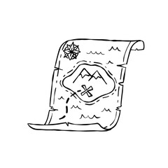 Pirate map of treasure. Adventure and quest. Old paper manuscript for travel or navigation. Black and white illustration