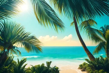 palm trees on the beach - obrazy, fototapety, plakaty