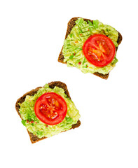 Avocado Toasts with Tomato, Healthy Snack or Breakfast on White Background