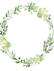 green watercolour floral circular frame with leaves and flowers isolated on transparent background - design element PNG cutout