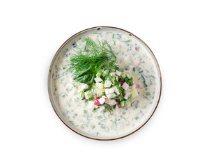 Cold Okroshka Soup with Eggs, Vegetables, Meat, Herbs and Kefir on a Bright Background, Summer Soup - obrazy, fototapety, plakaty