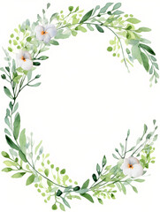Obraz premium green watercolour floral circular frame with leaves and flowers isolated on white background