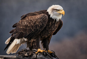 Portrait of American bald eagle flying with large wings with a furious look 