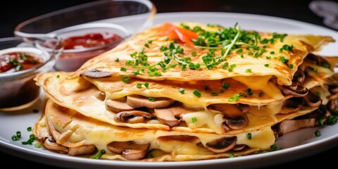 A plate of savory crepes filled with ham, cheese, and mushrooms - Gourmet and satisfying - Warm, golden lighting to evoke a cozy French bistro feel - Close-up shot, 