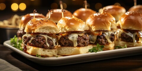 A platter of gourmet sliders with mini beef patties, melted cheese, and caramelized onions - Bite-sized indulgence - Warm, golden lighting for a sophisticated look - Side angle shot,  - obrazy, fototapety, plakaty