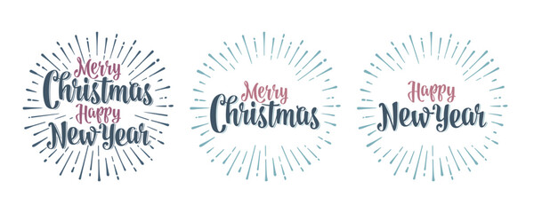 Merry Christmas Happy New Year  handwriting calligraphy lettering with salute. Vector vintage illustration