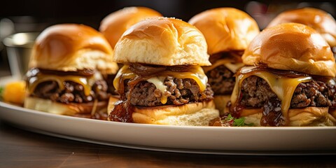 A platter of gourmet sliders with mini beef patties, melted cheese, and caramelized onions - Bite-sized indulgence - Warm, golden lighting for a sophisticated look - Side angle shot, 