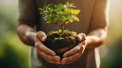 Hands holding a green young plant 