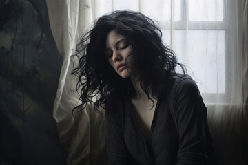 Portrait depressed girl with disheveled black hair