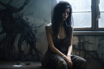 Depressed girl with disheveled black hair - obrazy, fototapety, plakaty