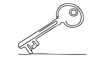 Single old key drawing in style of one continuous line black color. Self drawing