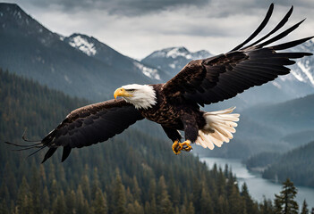 Portrait of American bald eagle flying with large wings with a furious look 