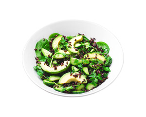 Green Salad with Avocado, Black Rice, Cucumber and Spinach on White Background, Healthy Food