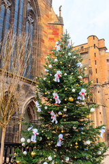 Christmas tree decorated with teddy bears and baubles in Colmar, Alsace, France