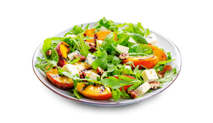 Grilled Peach Salad with Blue Cheese, Pecans and Arugula on White Background