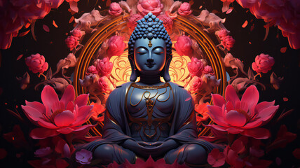 buddha statue in the garden. colourful paintings, cartoon, wallpaper