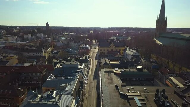 Aerial view of old historical Linkoping city in Sweden. European architecture in Scandinavian town
