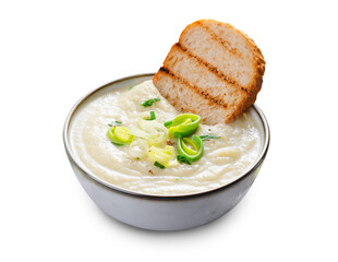 Leek Soup, Comfort Meal, Potato and Leek Creamy Soup, Vegetarian Food on White Background