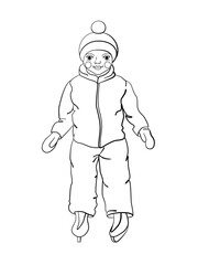 Coloring page of a cartoon boy skating. Childish design for children's coloring book about winter sports.