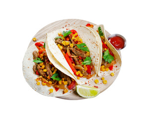 Mexican Tacos with Beef and Vegetables, Tacos al Pastor on White Background