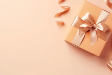 Fototapeta na wymiar gift background with peach-colored gift and ribbon. The tonality peach fuzz color 2024