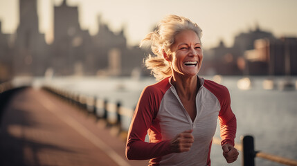Senior woman jogging in urban setting at sunrise. - obrazy, fototapety, plakaty