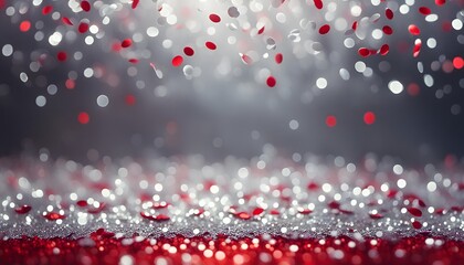 Red Sparkling Glitter bokeh Background with light, red and silver shimmering abstract glitter confetti bokeh background, Abstract glitter lights background,	