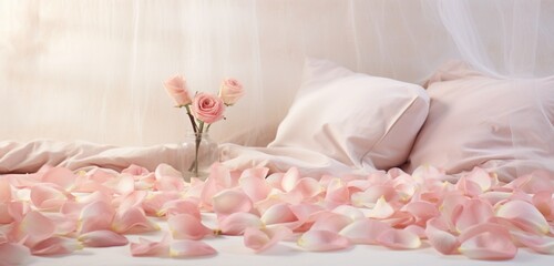 Fototapeta na wymiar Delicate pink rose petals scattered on a bed, evoking a sense of tenderness.