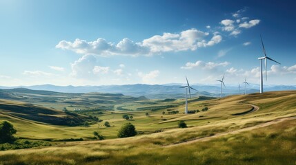 wind turbines on a green hill, sunny day, clean energy