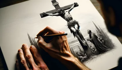 Deurstickers Main qui dessine une scène biblique © DURIS Guillaume
