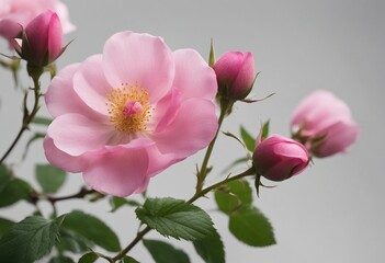 Collection of beautiful pink wild rose flowers bud and leaf isolated over a transparent background