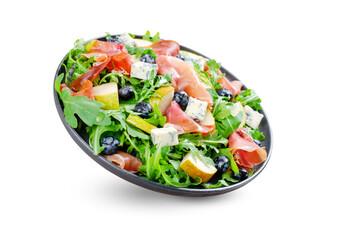 Salad with Pear, Arugula, Jamon, Blue Cheese and Blueberry, Delicious Fresh Salad, White Background