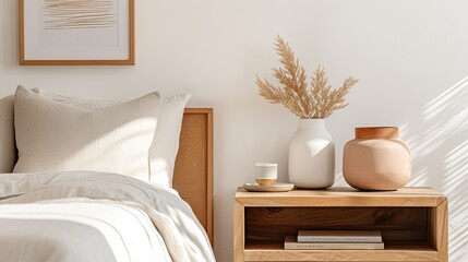 white frame on retro wooden nightstand with modern white ceramic vase, dried herb, cup of coffee and beige linen and velvet pillows in bedroom