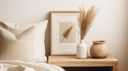 white frame on retro wooden nightstand with modern white ceramic vase, dried herb, cup of coffee and beige linen and velvet pillows in bedroom